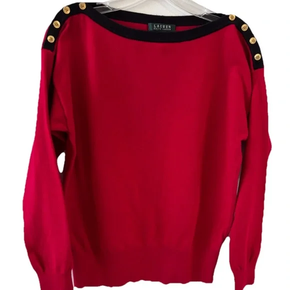 Lauren Ralph Lauren Red Pullover Boat Neck Button Accent Sweater Size Large EUC - Picture 3 of 8